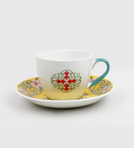 Sanjeev Kapoor Yellow Bageecha Collection Printed Bone China Tea cup set of 6 Cups and 6 Saucers