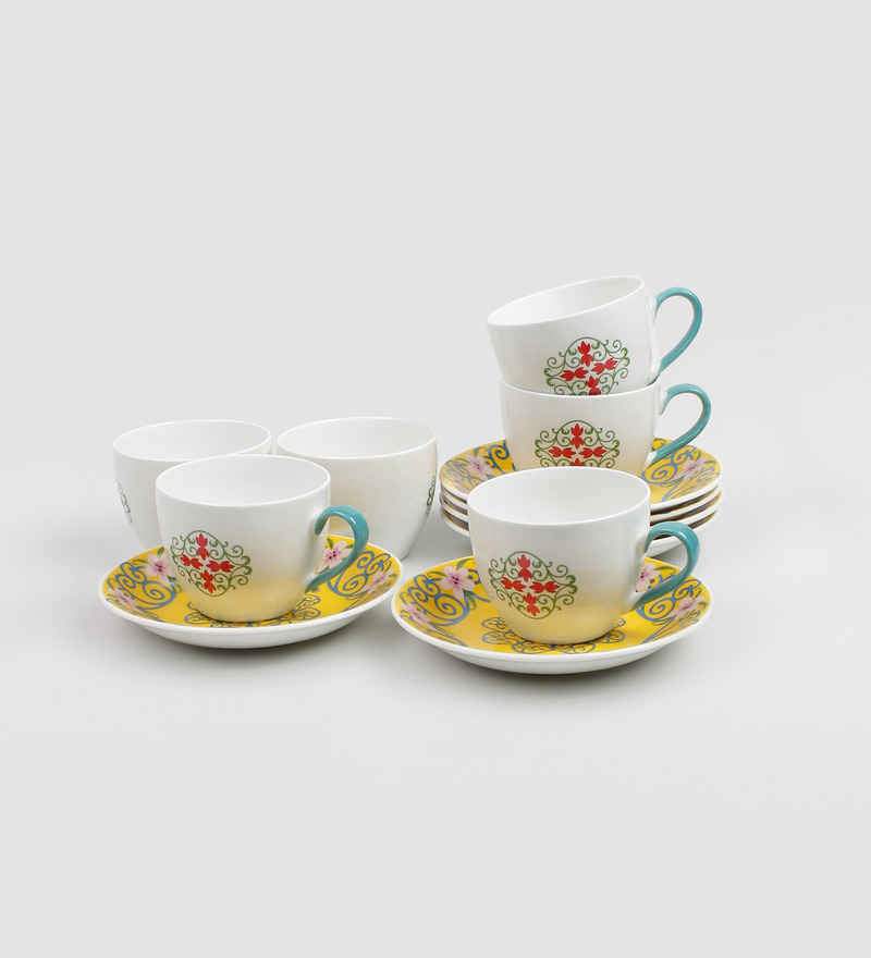 Sanjeev Kapoor Yellow Bageecha Collection Printed Bone China Tea cup set of 6 Cups and 6 Saucers