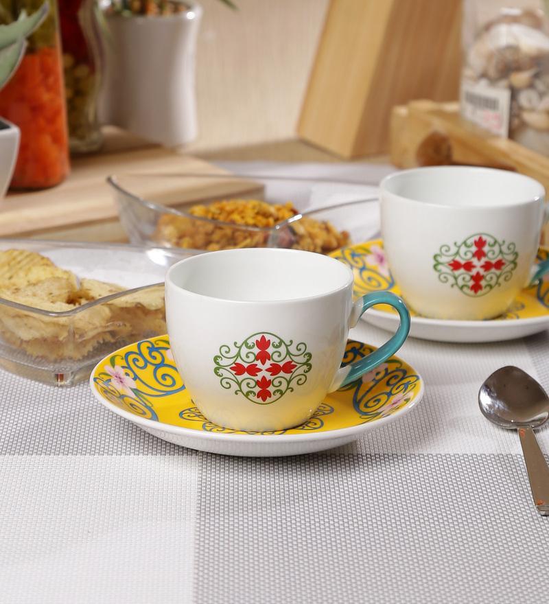 Sanjeev Kapoor Yellow Bageecha Collection Printed Bone China Tea cup set of 6 Cups and 6 Saucers