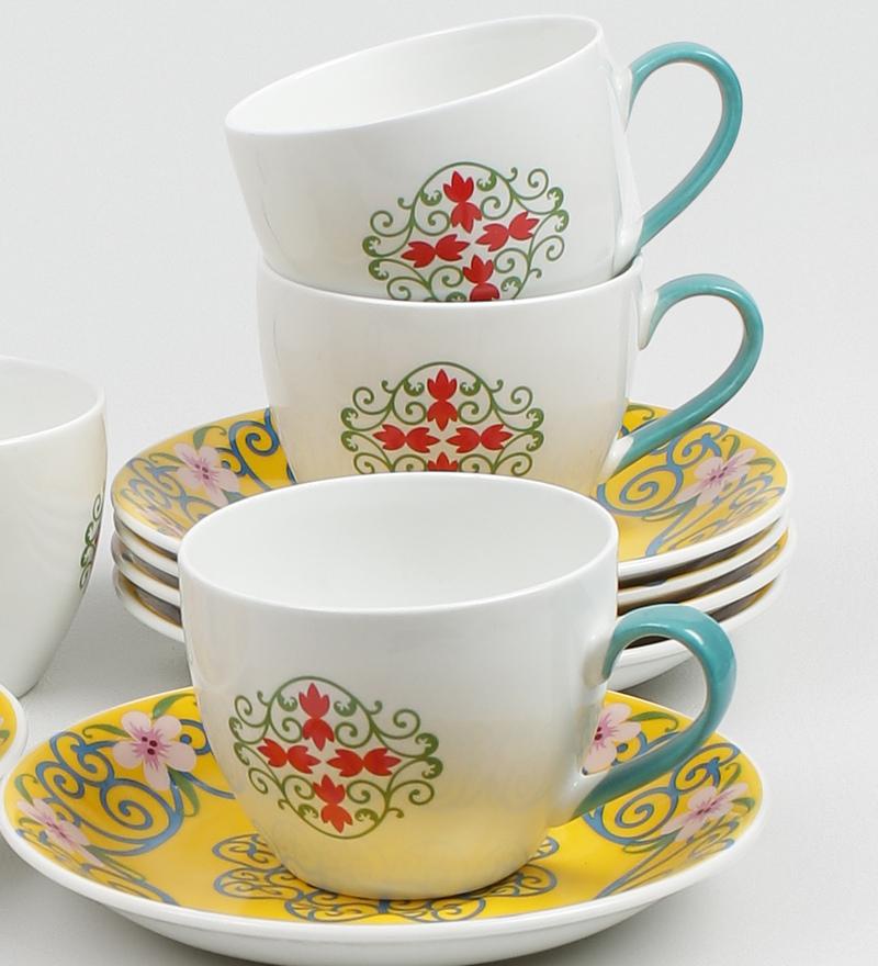 Sanjeev Kapoor Yellow Bageecha Collection Printed Bone China Tea cup set of 6 Cups and 6 Saucers