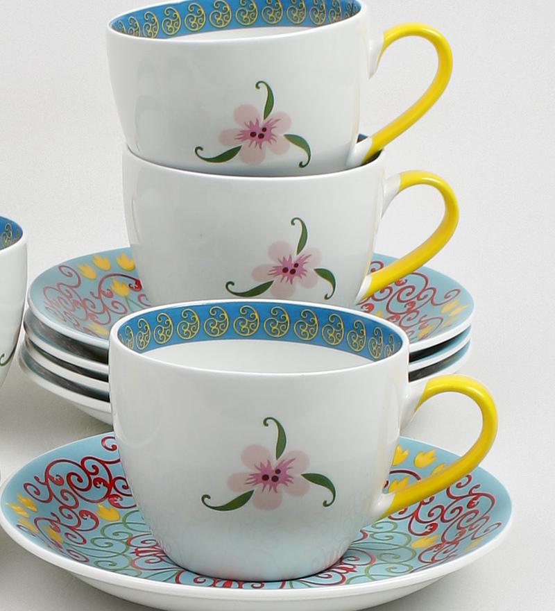 Sanjeev Kapoor Green Bageecha Collection Printed Bone China Tea cup set of 6 Cups and 6 Saucers