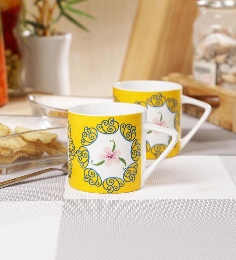 Sanjeev Kapoor Yellow Bageecha collection Printed Bone China Coffee Cups Set of 6