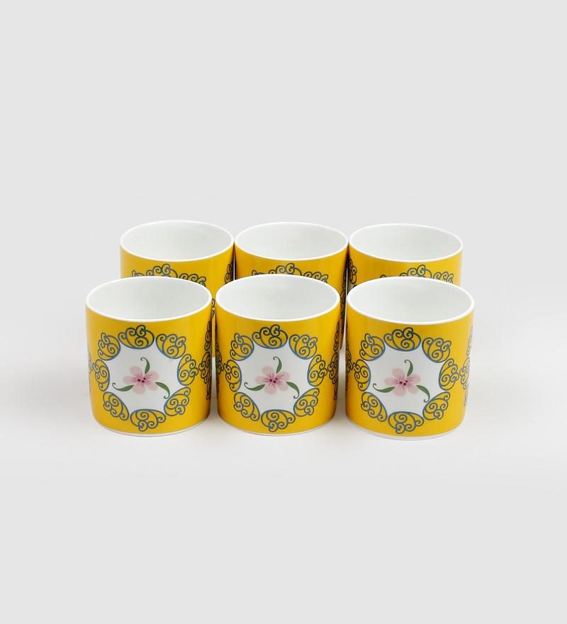 Sanjeev Kapoor Yellow Bageecha collection Printed Bone China Coffee Cups Set of 6