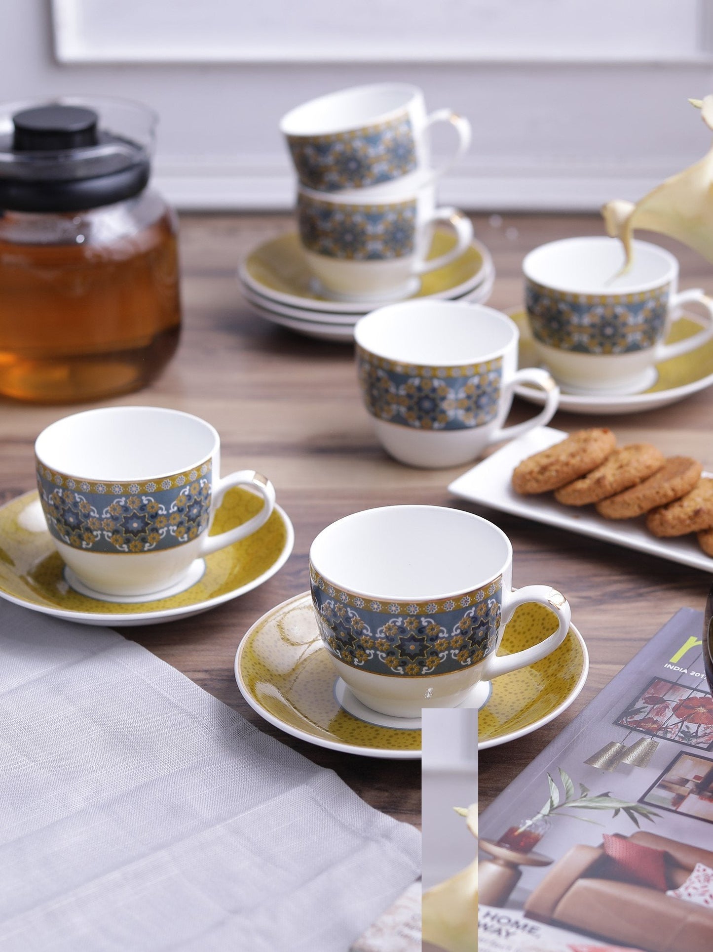 Sanjeev Kapoor Yellow Ajrak Collection Printed Bone China Tea cup set of 6 Cups and 6 Saucers