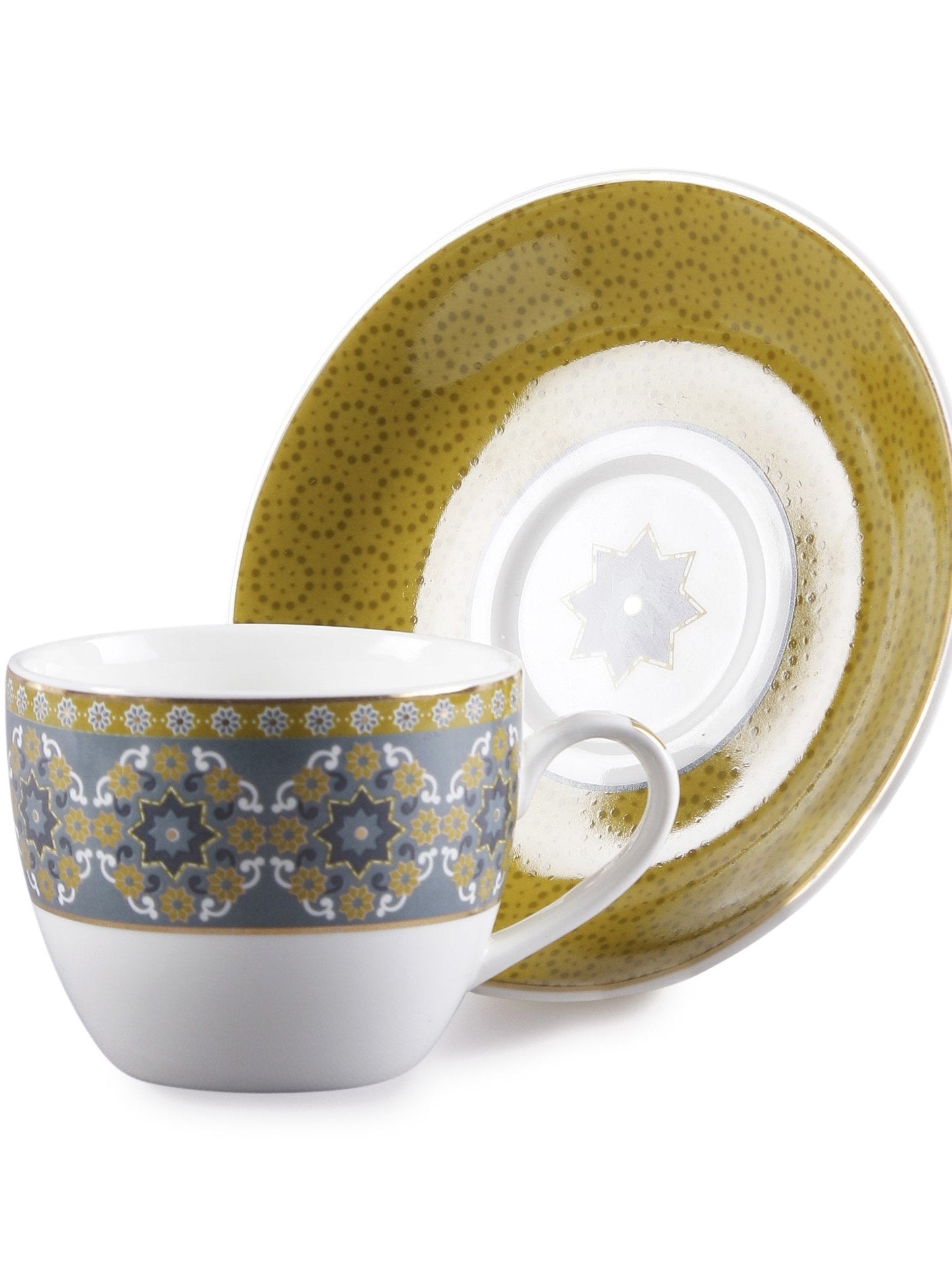 Sanjeev Kapoor Yellow Ajrak Collection Printed Bone China Tea cup set of 6 Cups and 6 Saucers