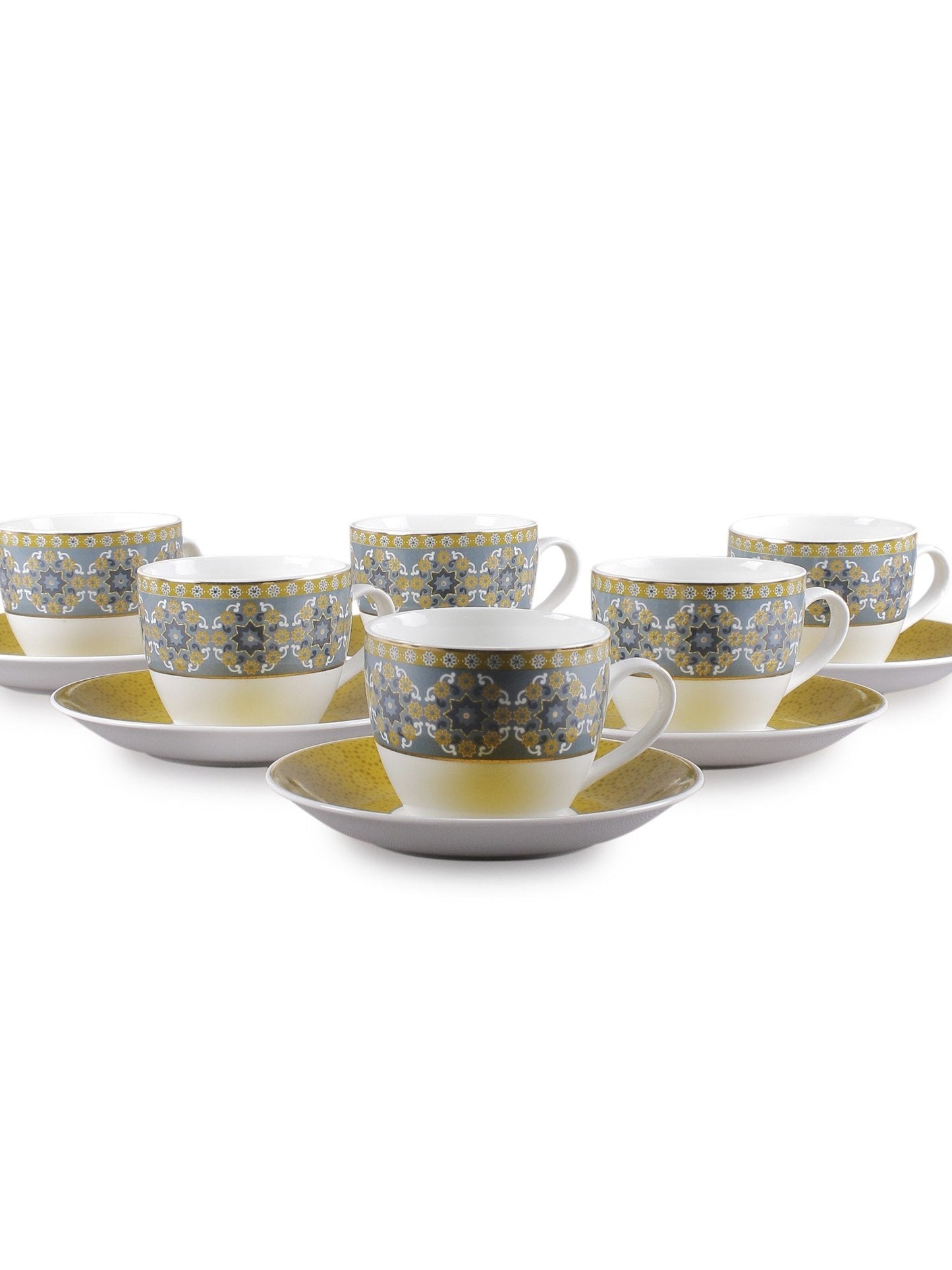 Sanjeev Kapoor Yellow Ajrak Collection Printed Bone China Tea cup set of 6 Cups and 6 Saucers